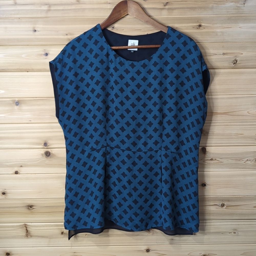 CAbi Top Womens Medium Blue #3274 Foulard Top Diamond Print Peplum